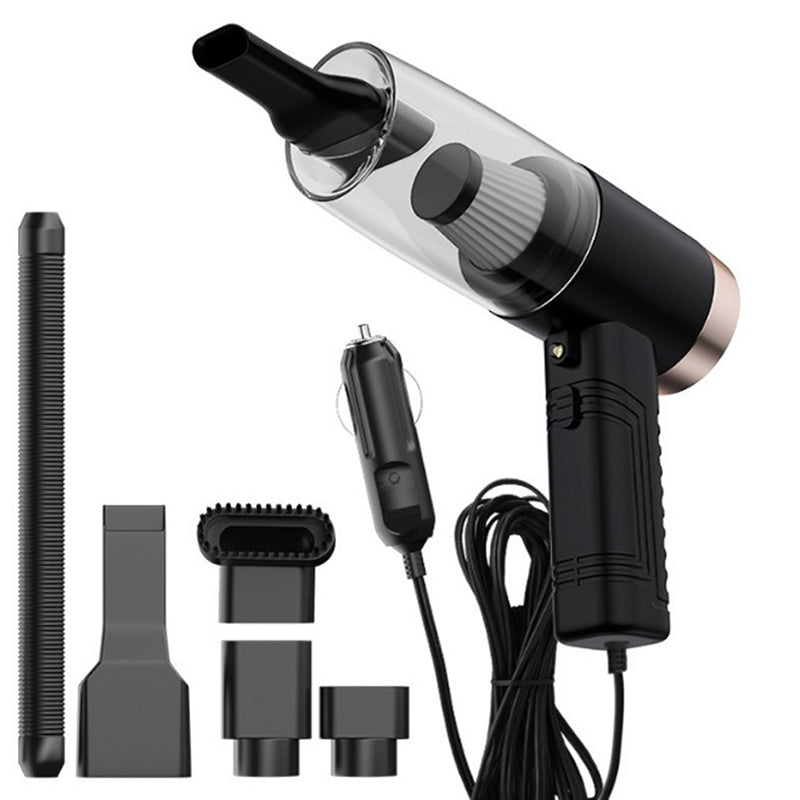 Handheld mini car vacuum cleaner with clear nozzle and included crevice, brush, and hose tools