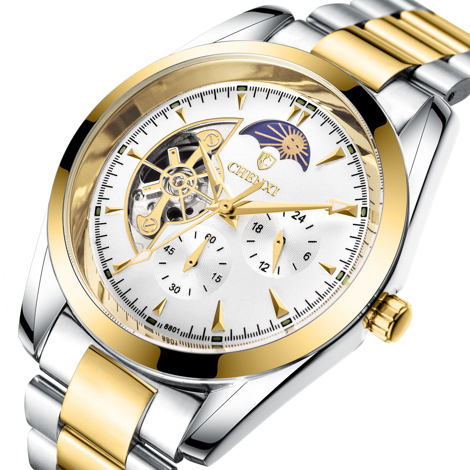 Mechanical wristwatch with white dial, gold bezel, silver and gold link bracelet