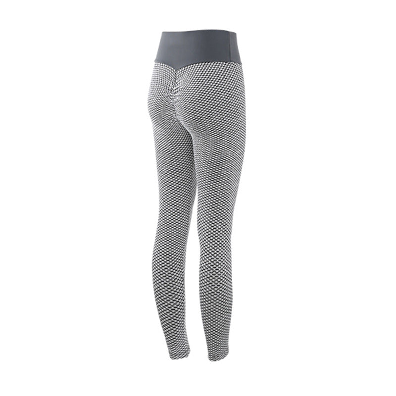 Light gray seamless high-waist leggings with textured honeycomb pattern, full length