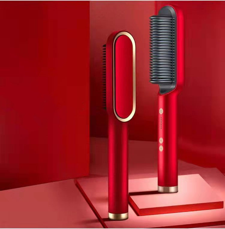 Red heated curling tong and hot comb brush with black comb teeth