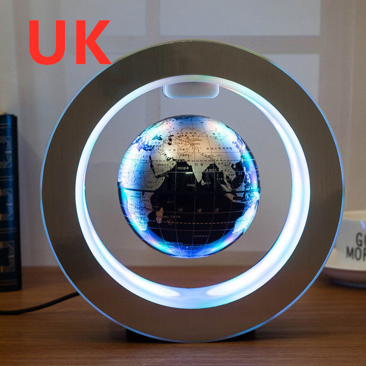 LED floating world map globe with dark blue oceans, circular light ring and base