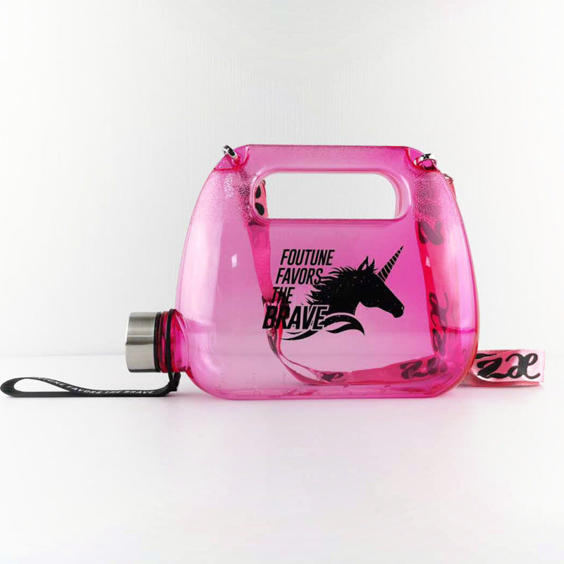 1500ml pink plastic water bottle with black lid and carry strap