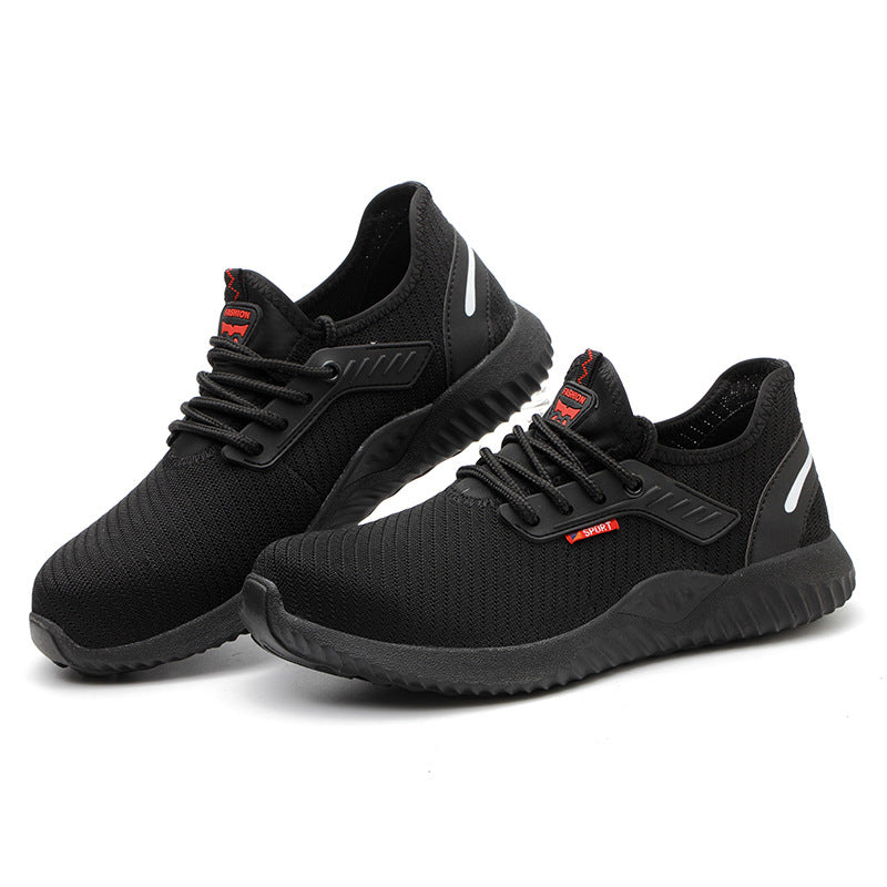 Black breathable work safety shoes with lace-up design and cushioned rubber sole