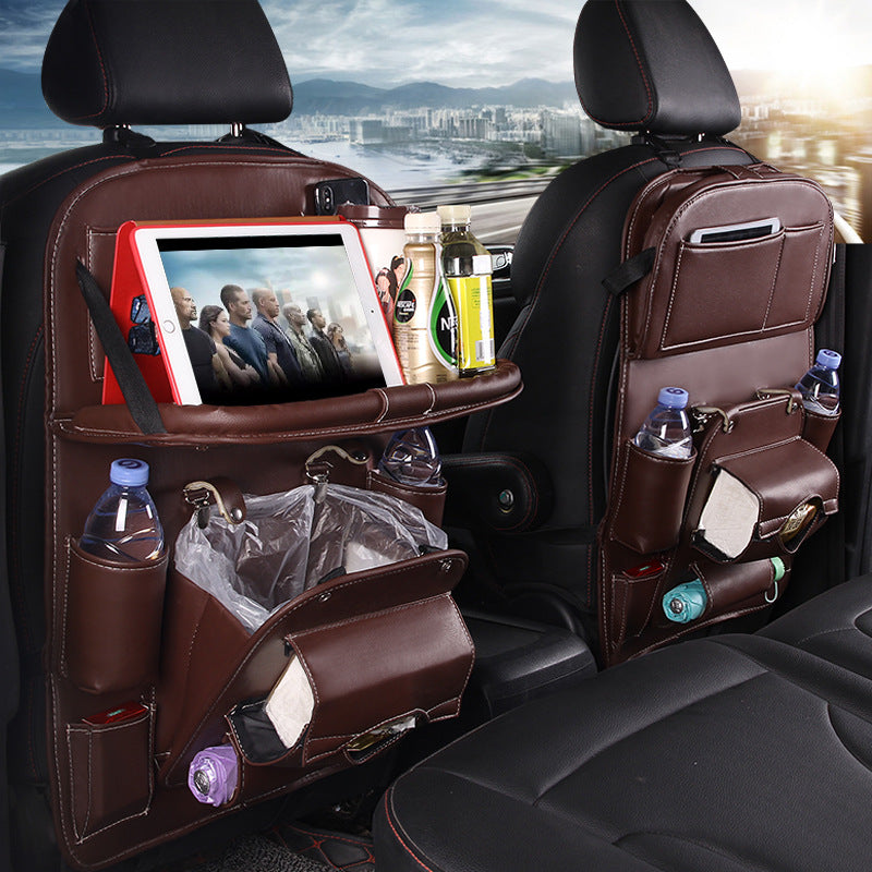 Brown PU leather car seat back organizer bag set with built-in tray and drink bottle holders