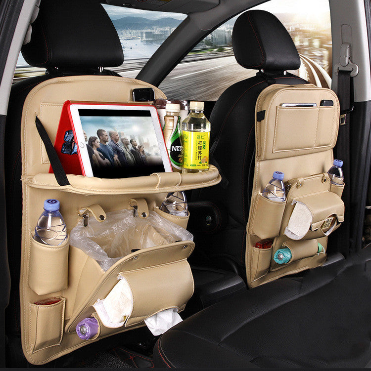 Beige PU leather car seat back organizer with front tray, bottle pockets, and hanging storage