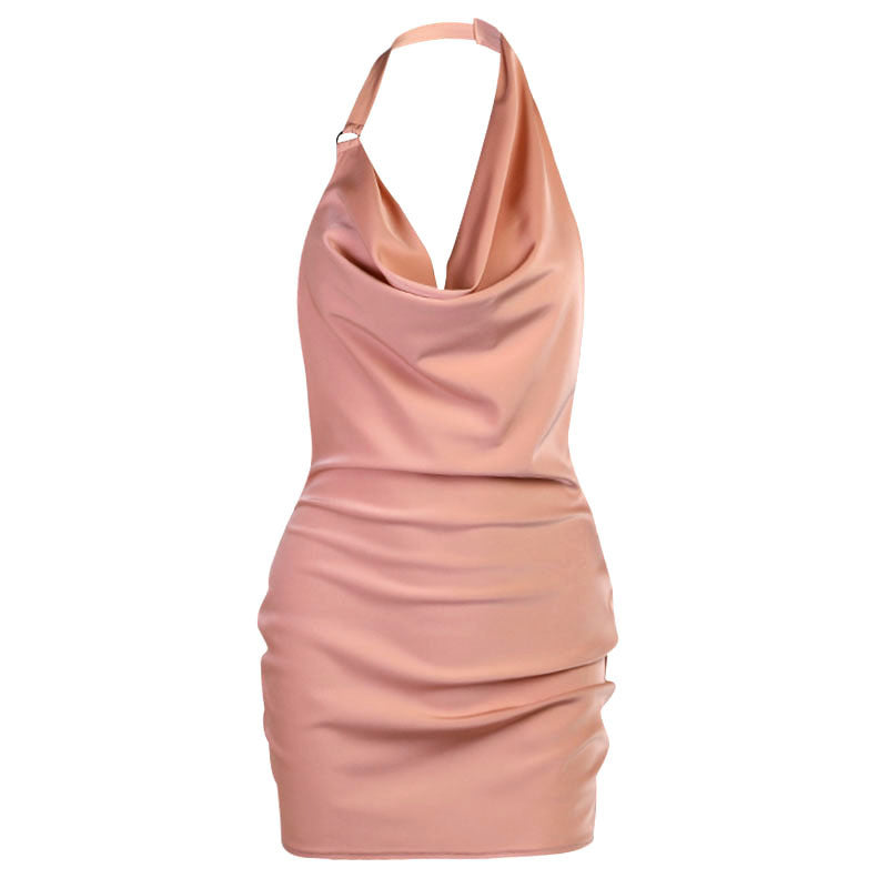 Satin party dress on mannequin, halter V-neck backless mini, pink satin