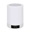 White rechargeable night light speaker with top grille and clock display 08:58