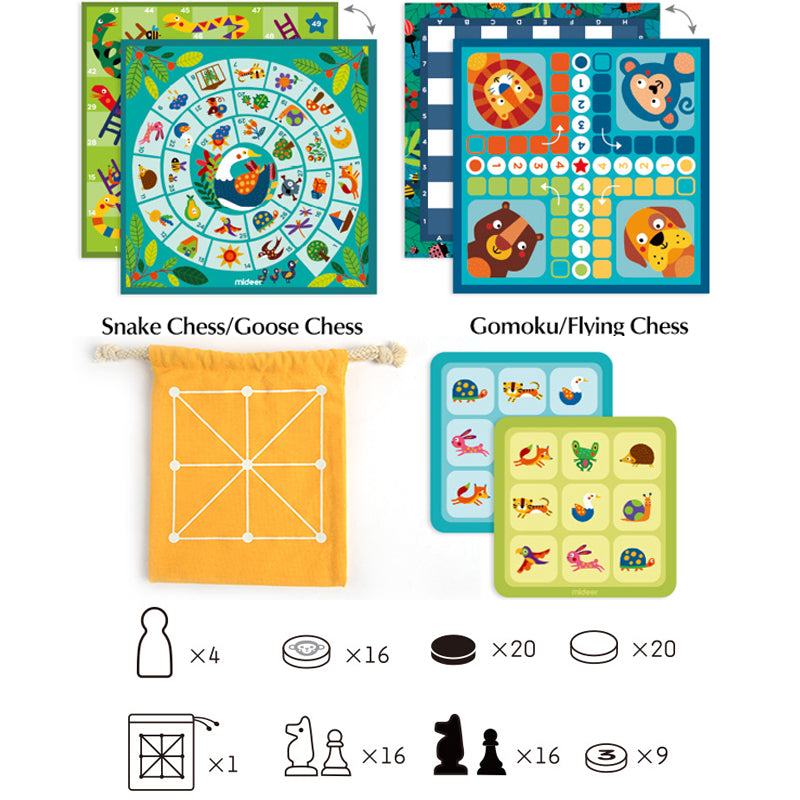 Multifunction board game set components, including 2 boards, pouch, and chess pieces