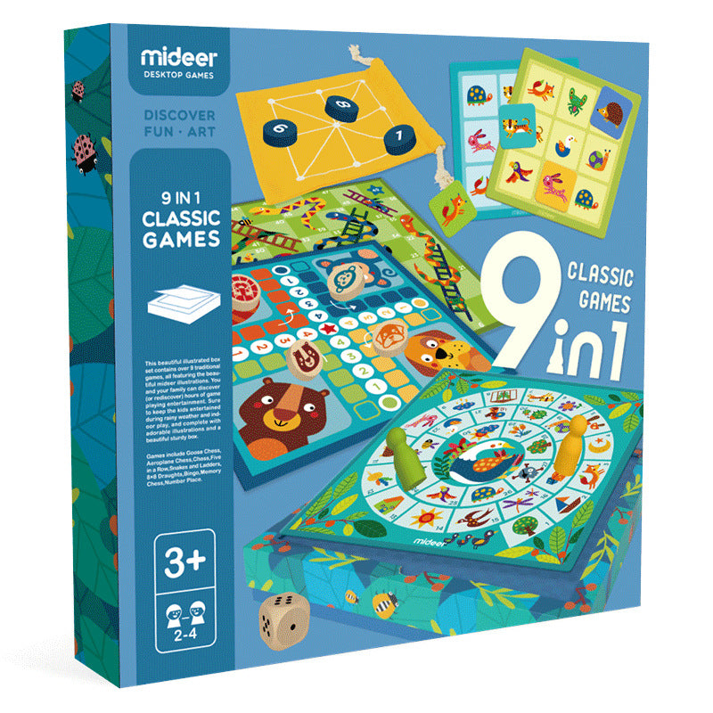 Kids 9-in-1 classic games board game box with dice and game board artwork