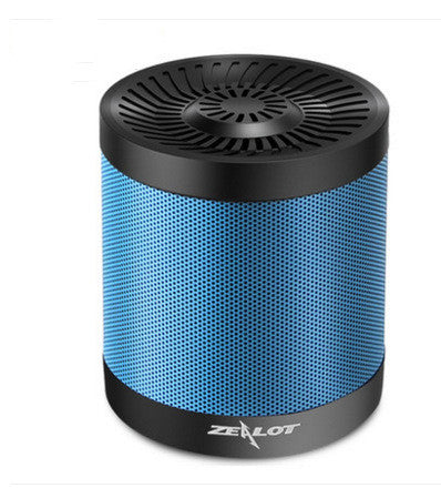 Blue cylindrical wireless Bluetooth speaker with black top speaker grille