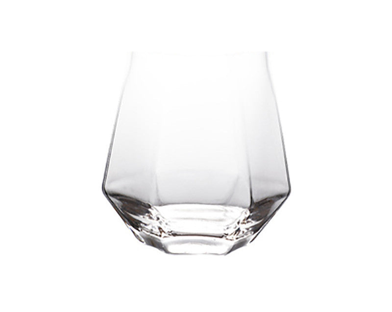 Clear glass water cup with a faceted octagon base