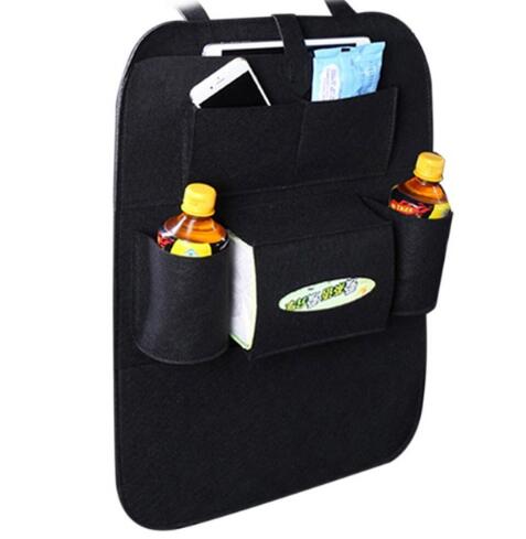 Black seat organizer bag with two front slip pockets and bottle holders