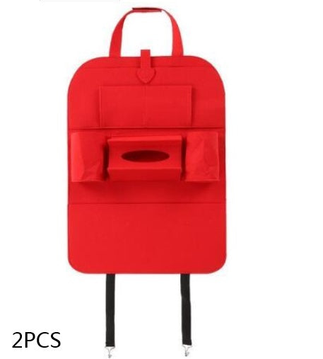Red back-of-seat organizer with front flap pocket and hanging straps at bottom