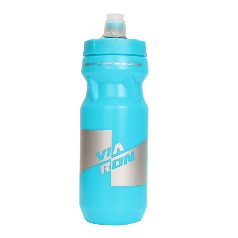 Turquoise outdoor sports water bottle showing front Via Run logo