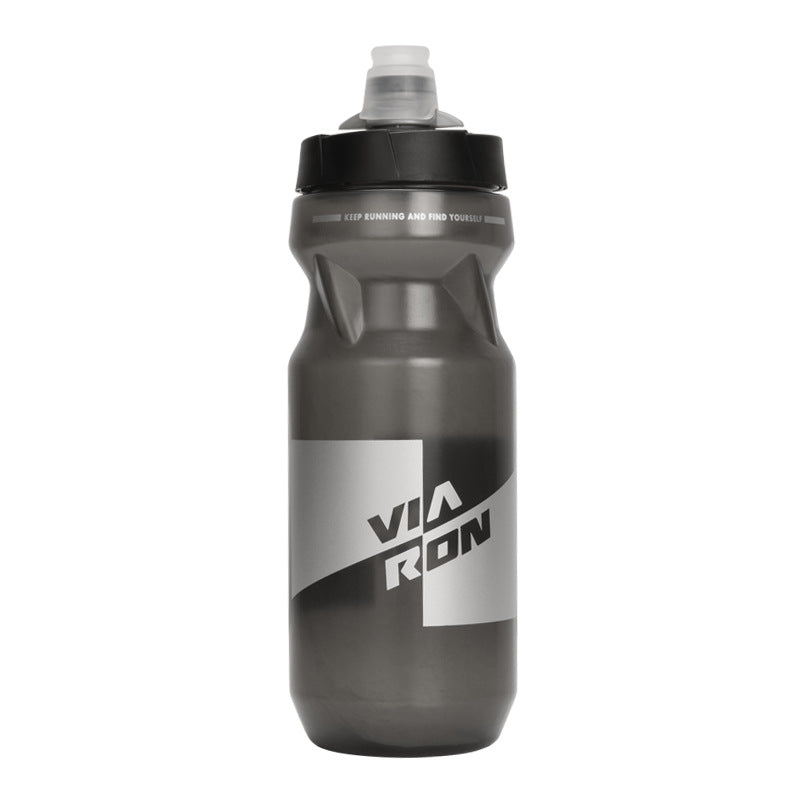 Black outdoor sports water bottle with screw cap and Via Run logo label