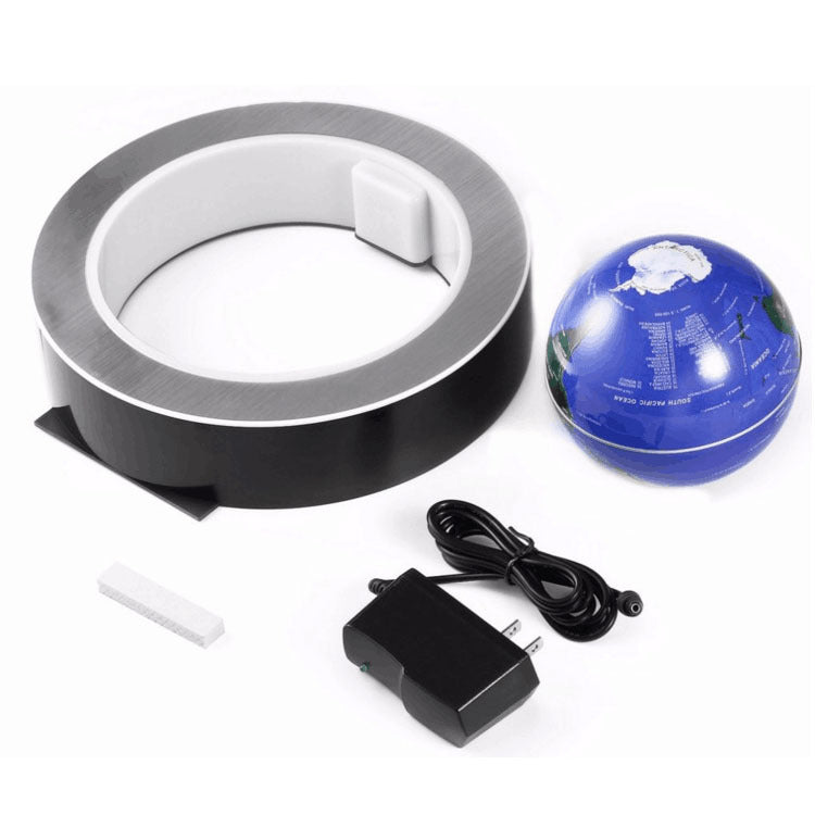 Levitation LED globe light kit: circular base, blue globe, power adapter and cable