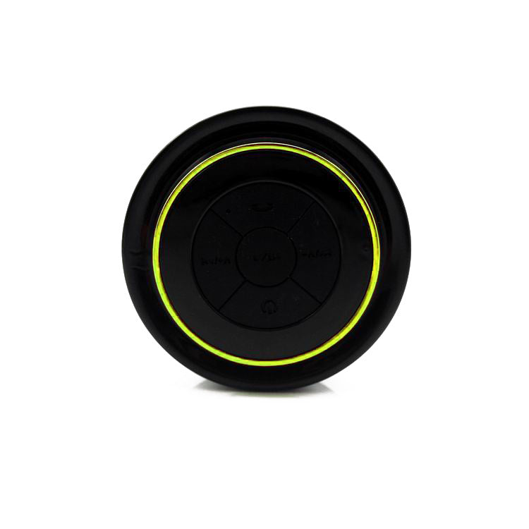 Bluetooth waterproof speaker front with yellow LED ring and circular control panel