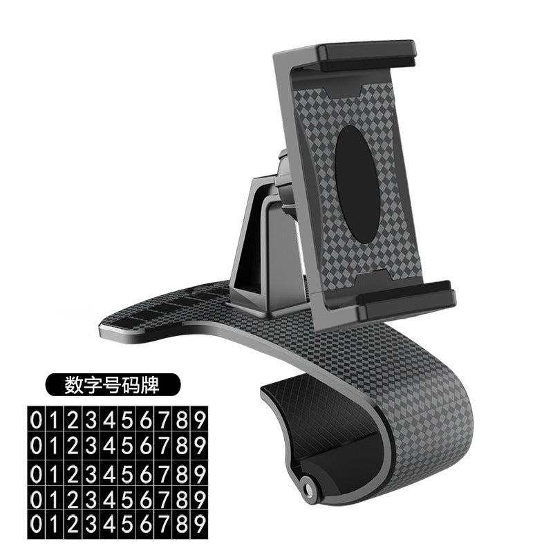 Snap-on dashboard phone holder with textured base and vertical clamp, number plate