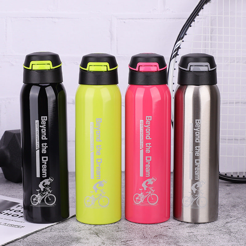 Bike water bottle set in black, lime green, pink, and silver with flip caps