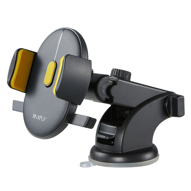 Black car phone holder with suction base and side clamp pads for phone