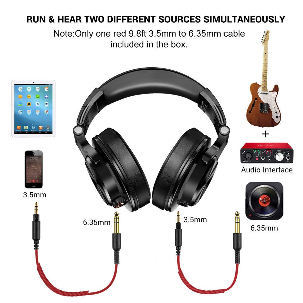 Black over-ear headphones with 3.5mm and 6.35mm audio cables