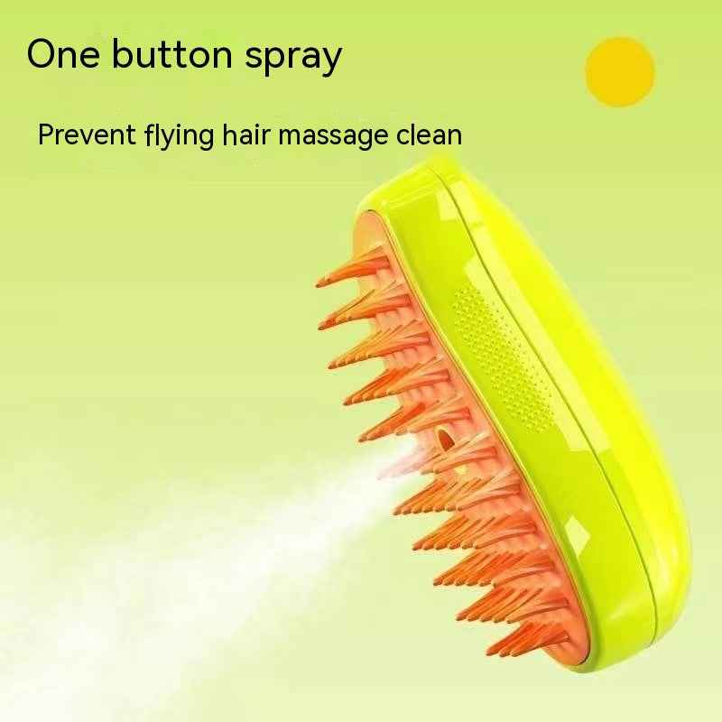 Pet spray massage comb, green side view, orange bristles pointing outward.