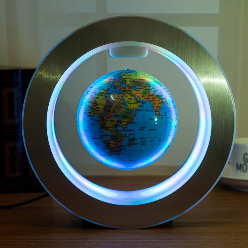 LED floating world map globe on circular base with blue glowing ring light