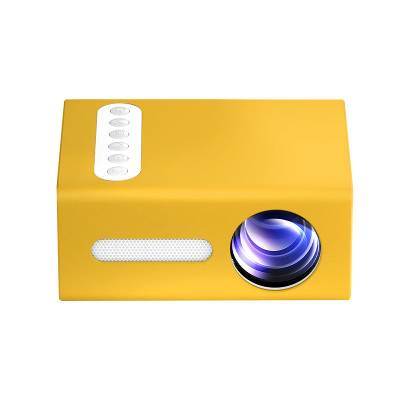 Yellow mini projector front view with lens and top control button cluster
