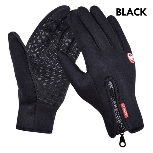 Winter riding gloves, black with textured palm, red zipper detail, and touchscreen fingertips.