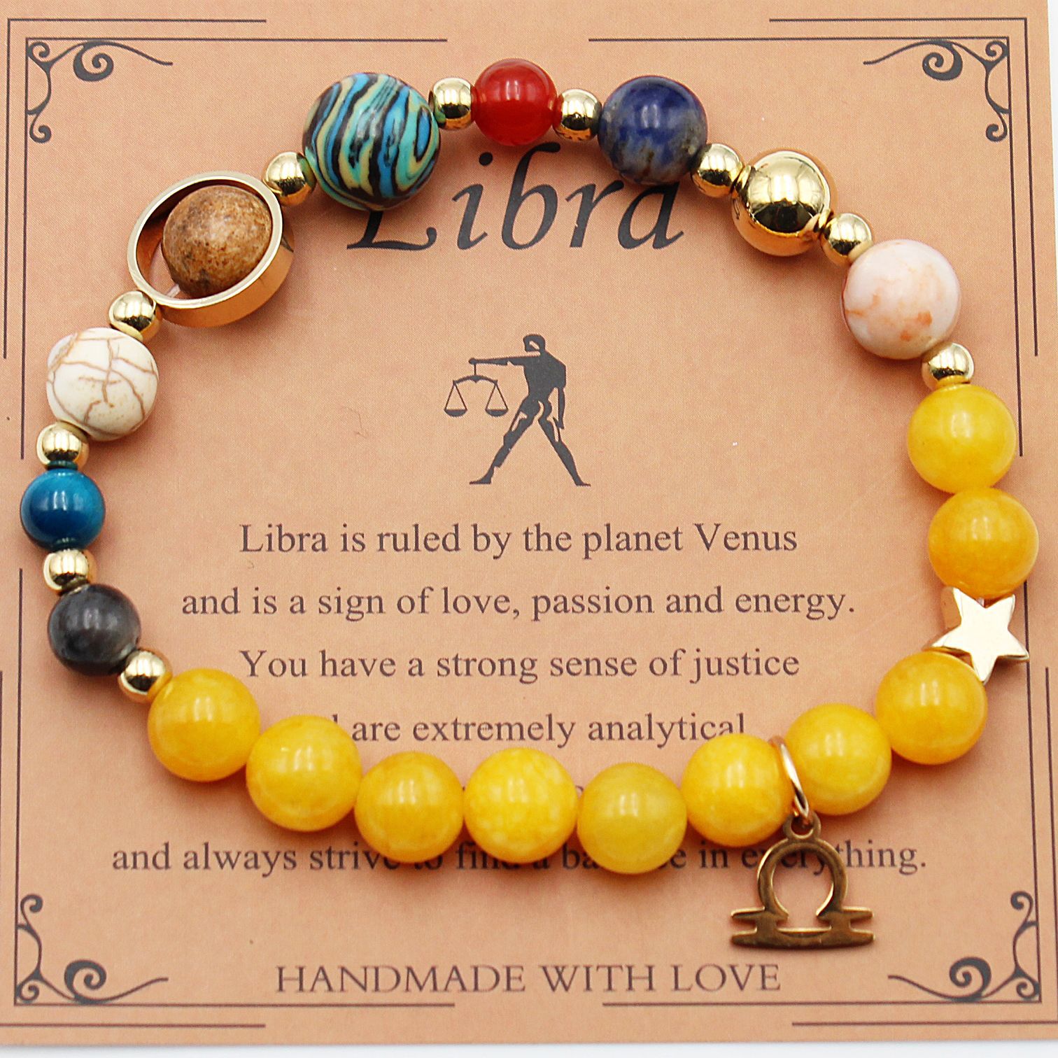 Libra zodiac beaded bracelet with yellow beads, multicolor beads, and gold scales charm