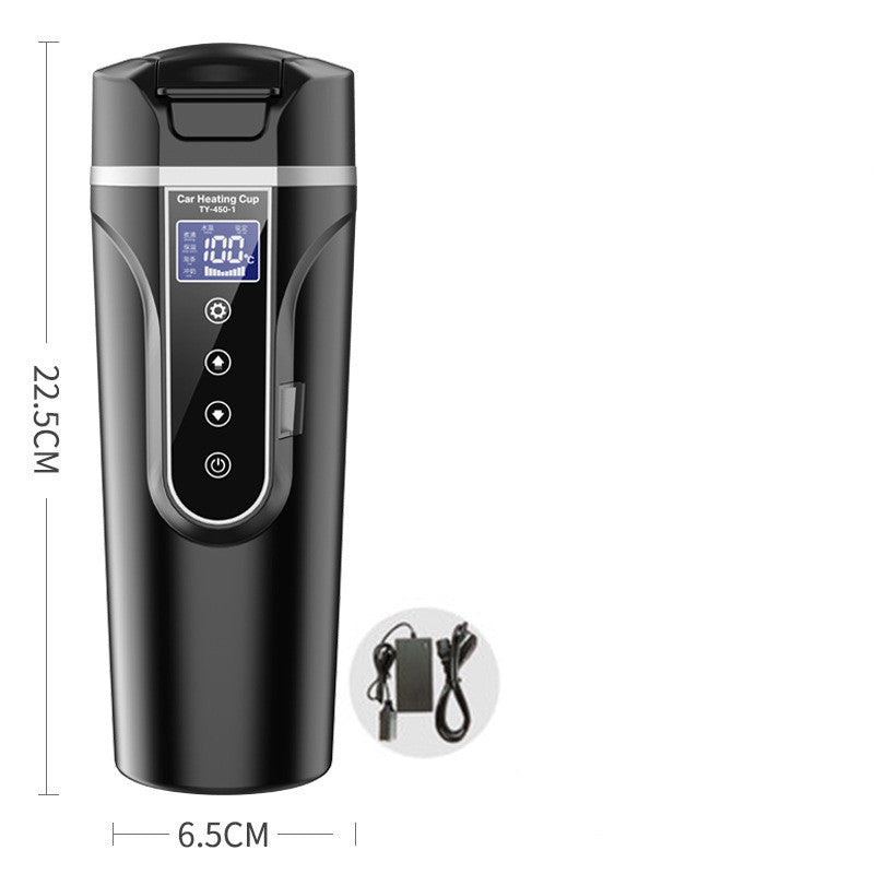 Black heated car cup with digital display, touch buttons, and included cables