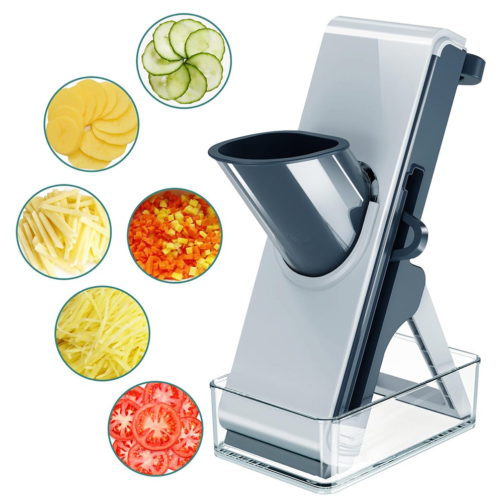 White and blue mandoline slicer on clear base with ingredient slice icons