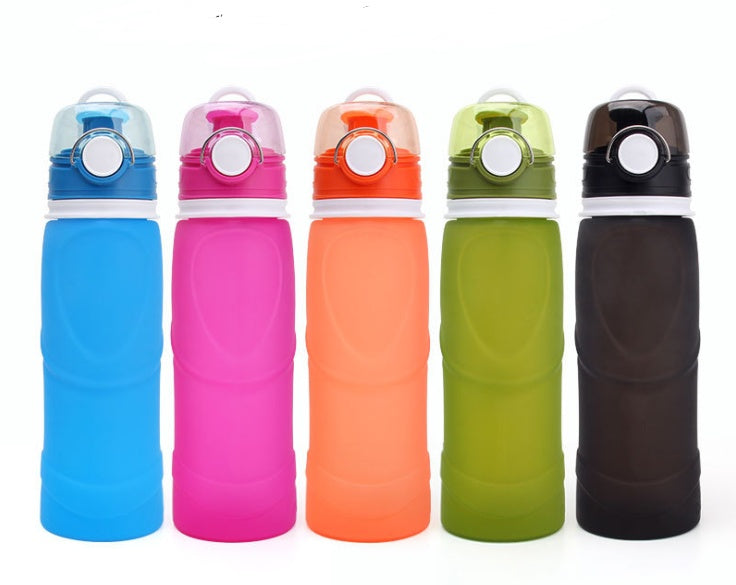 Set of folding silicone water bottles in blue, pink, orange, green, and black