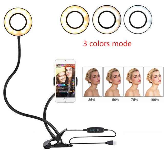 LED selfie ring light kit with three ring color modes and phone clip, black
