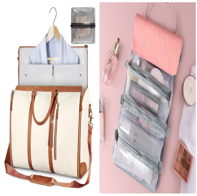 Two-piece travel set: white duffle bag with brown accents and hanging organizer pouch