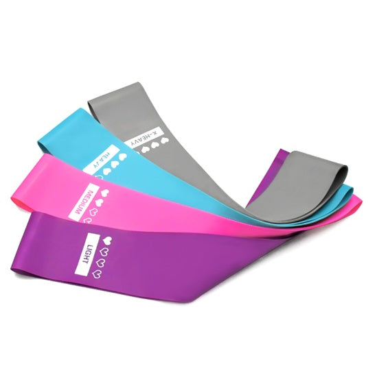Resistance band multi-pack in purple, pink, blue, and gray loop bands