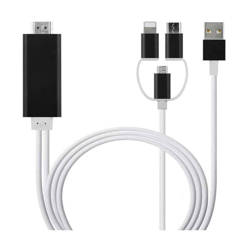 White mobile phone projection cable with black HDMI adapter housing and dual USB connectors