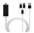White mobile phone projection cable with black HDMI adapter housing and dual USB connectors