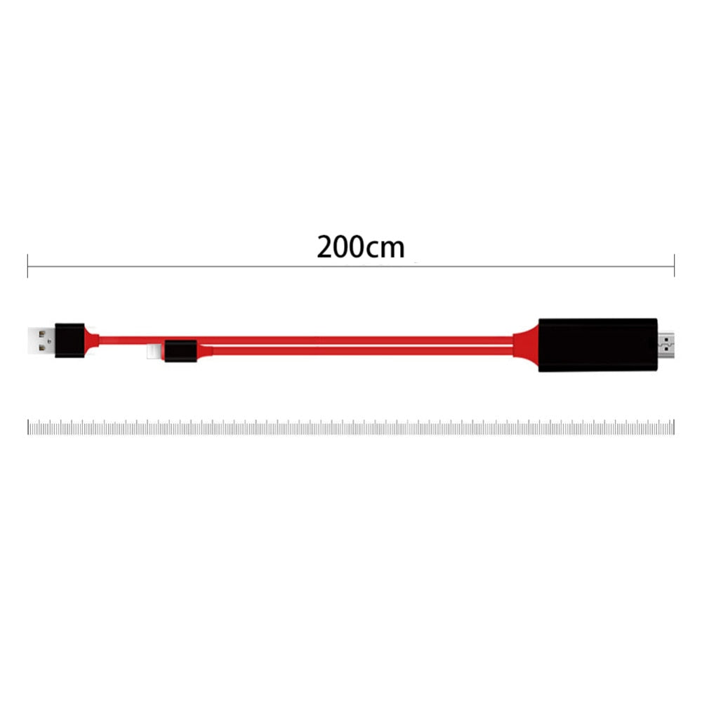200cm red mobile phone projection cable with black HDMI adapter and Type-C connector ends
