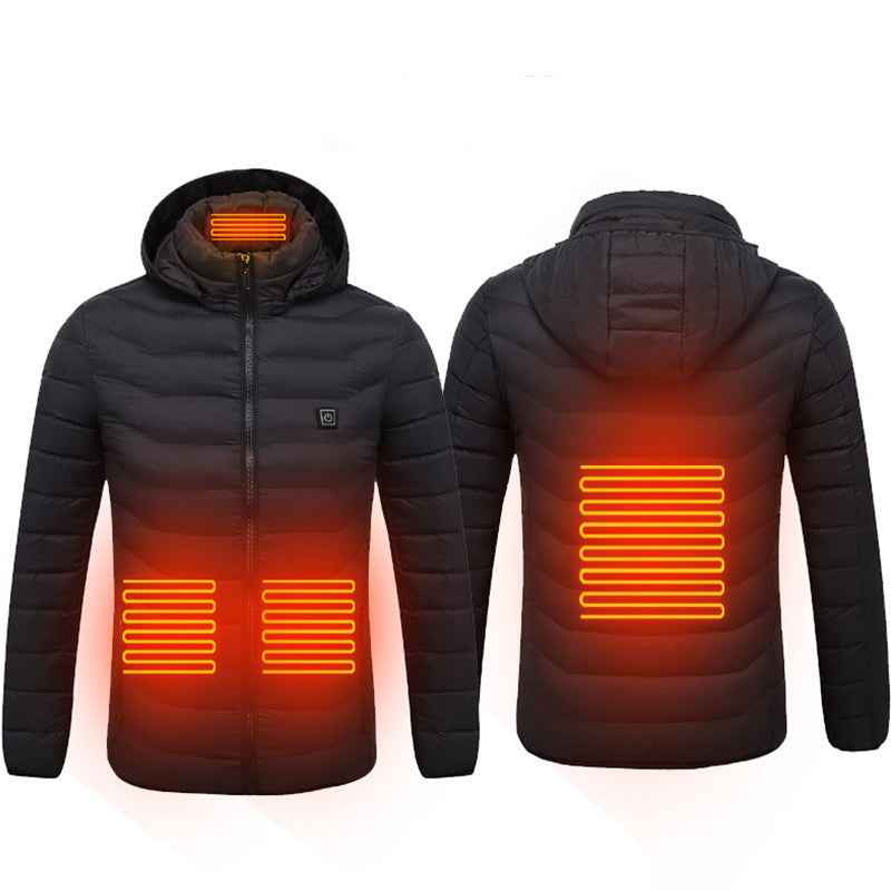 Black heated puffer jacket with glowing chest and back heater bars