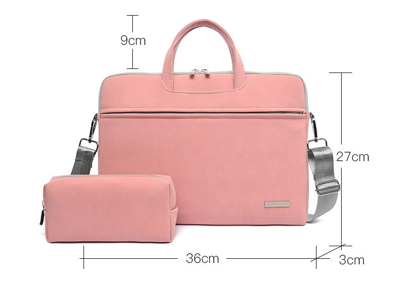 Pink laptop bag set with top handle, front zipper, and matching small organizer pouch