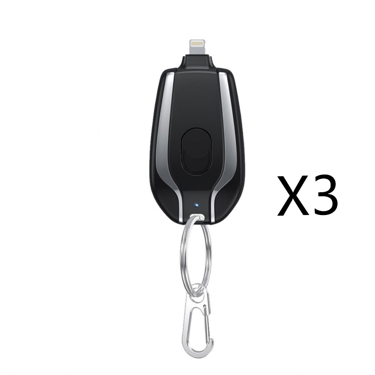 Mini keychain power bank pod with charging port and metal carabiner, dark black case