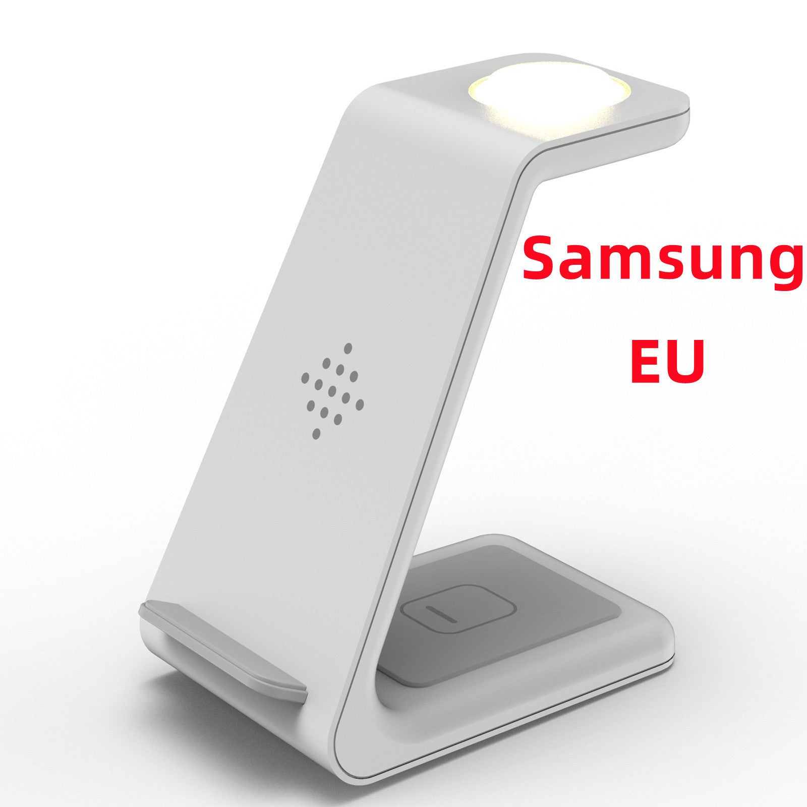 White wireless phone charger stand with angled base and circular top charging pad