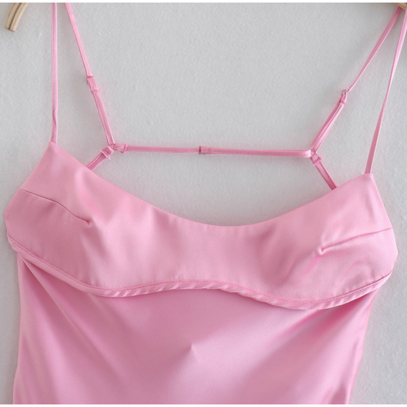 Pink satin backless slip dress with adjustable spaghetti straps