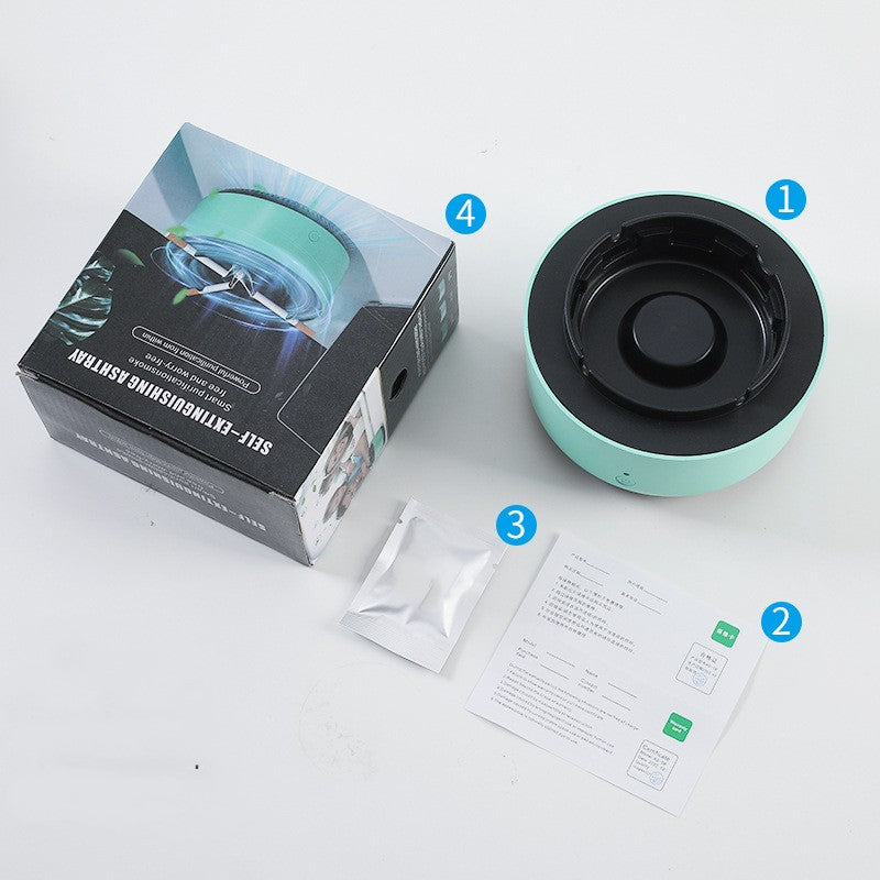 Electronic ashtray air purifier package with mint unit, filter sheets, and instruction cards