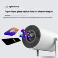 White portable projector with front lens grille and wireless app connection icons