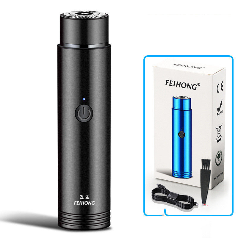 Black portable electric mini shaver with LED indicator and round foil shaving head.