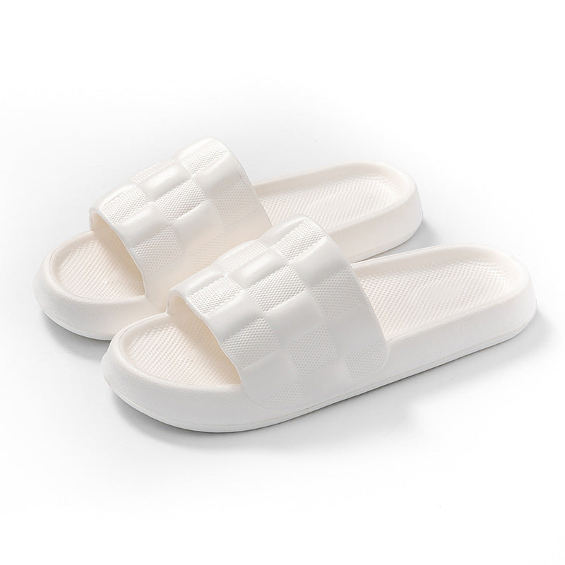 Women's EVA slide sandals in white with checkered wide strap and textured footbed