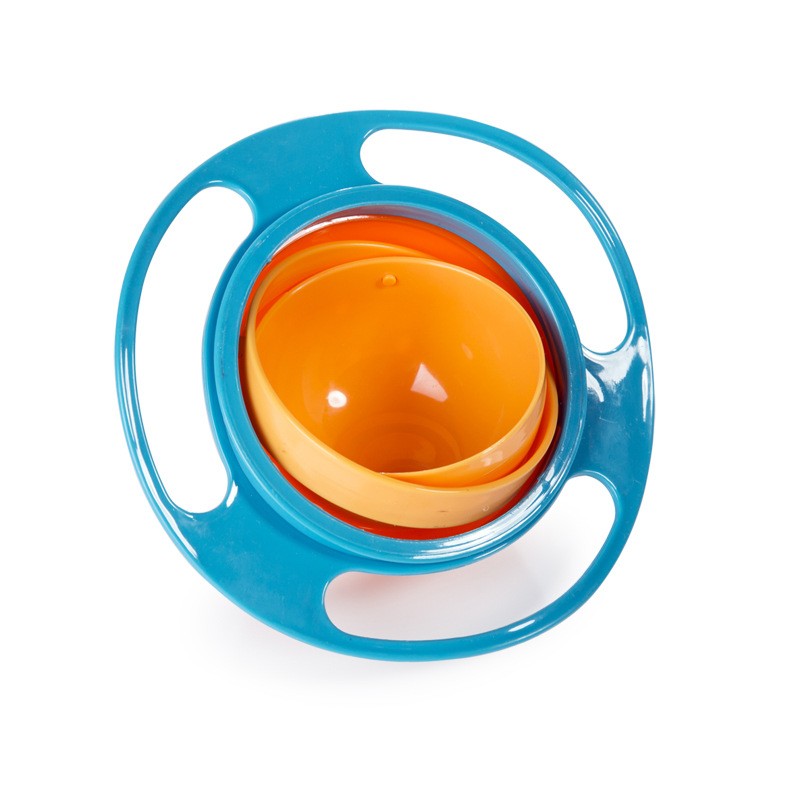 Blue spill-proof bowl dish with orange inner cup and clear ring handle, close view