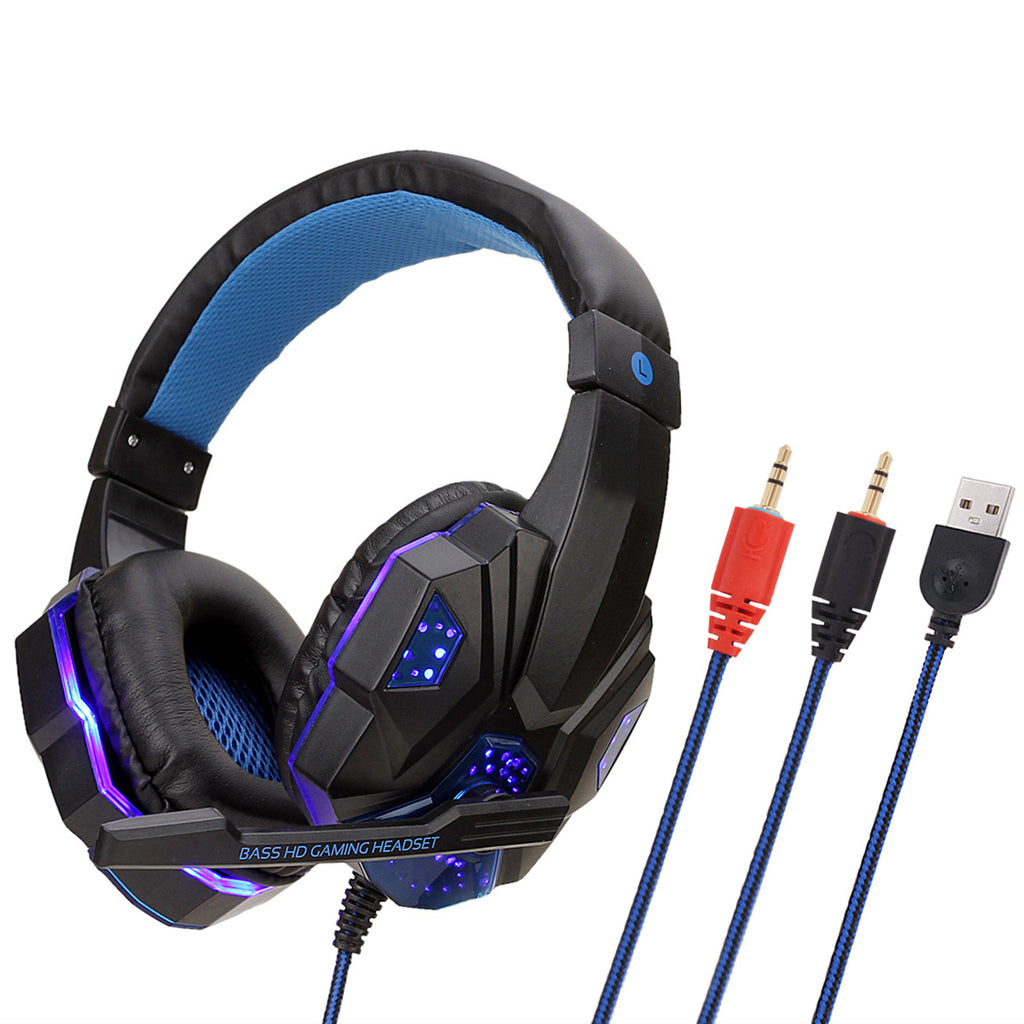 Blue and black over-ear headphones with LED accents and triple audio cables